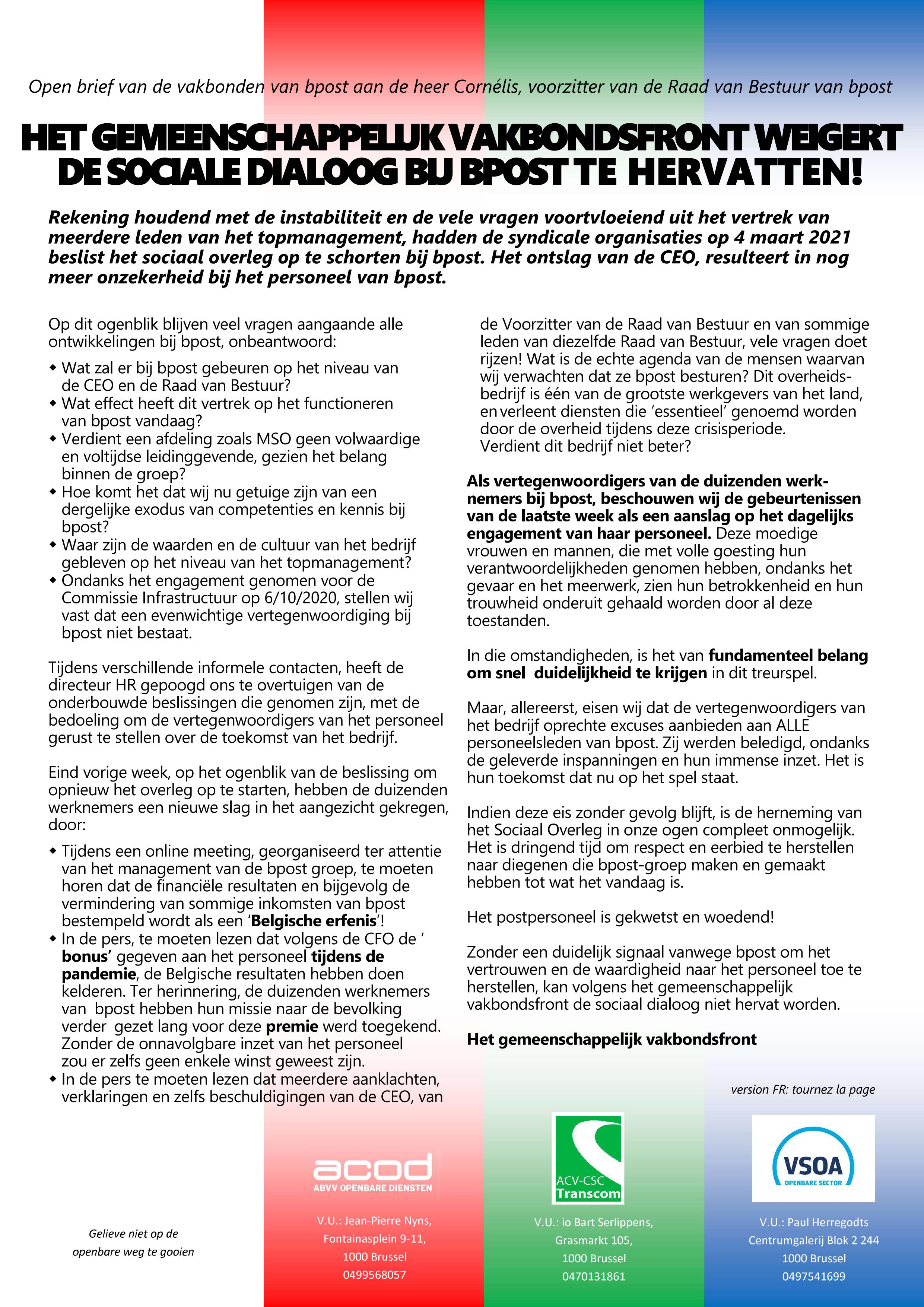 20210315 bpost Lettre ouverte front commun NL